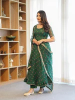 BOTTLE GREEN BANDHANI CHIFFON SUIT SET