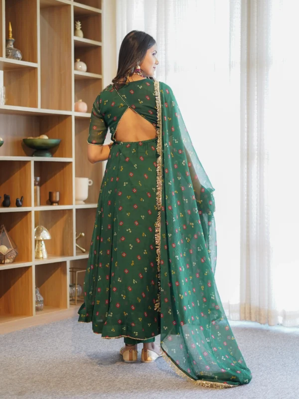 BOTTLE GREEN BANDHANI CHIFFON SUIT SET